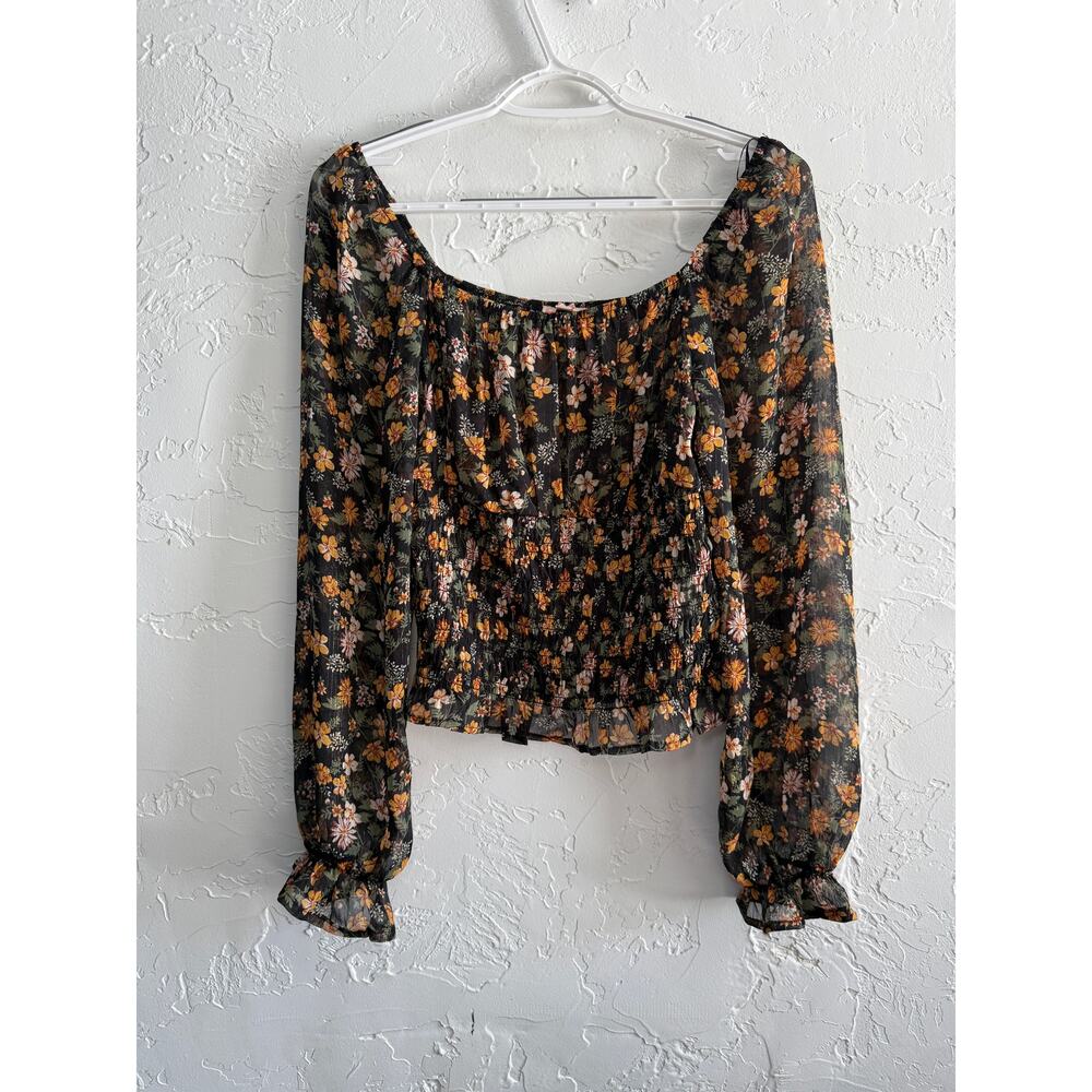 Rabbit Rose floral cinched sheer blouse womens small smocked peasant cottagecore